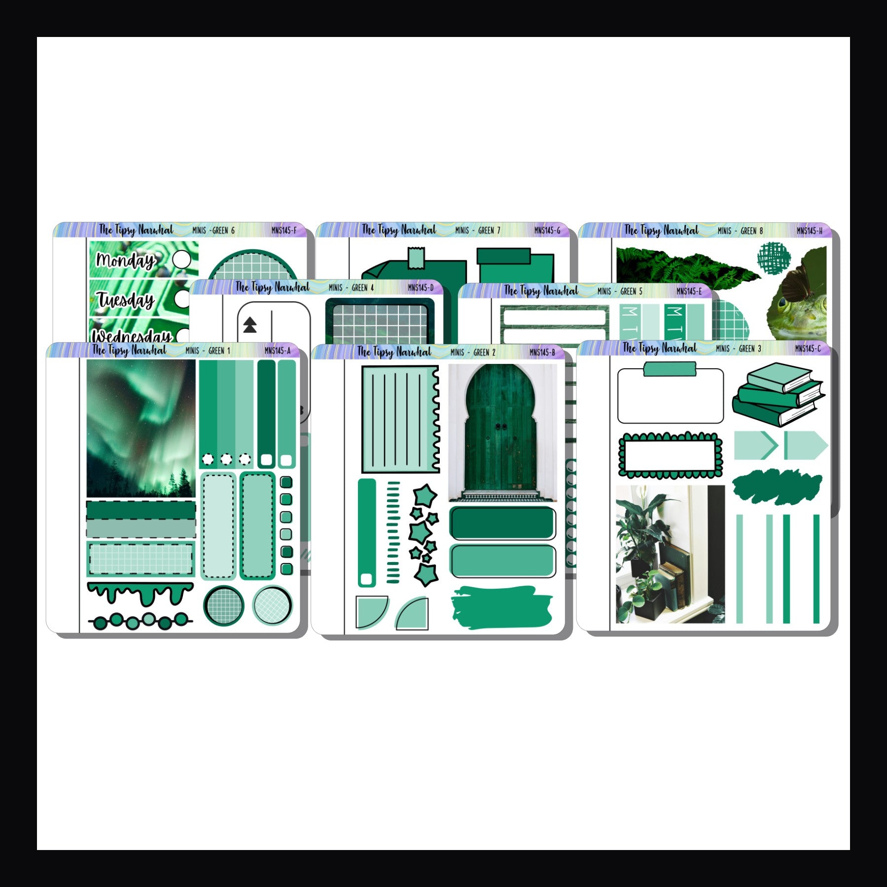 Green Freestyle Minis is a collection of 8 quarter sized sticker sheets all focused on the color green.