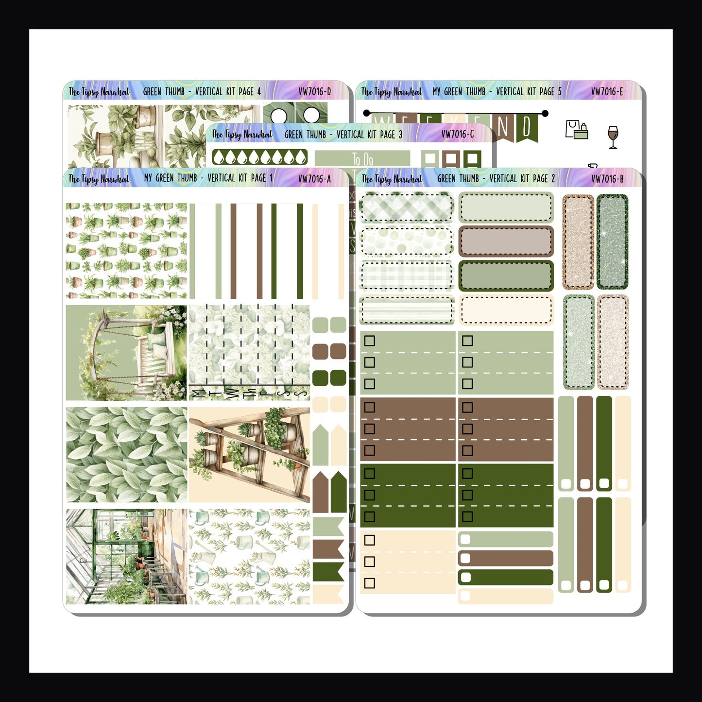 Green Thumb Vertical Weekly Kit is a 5 page sticker kit designed to fit 7x9 vertical planners.  It features a tranquil gardening theme with a color palette of greens and neutral brown and cream. 