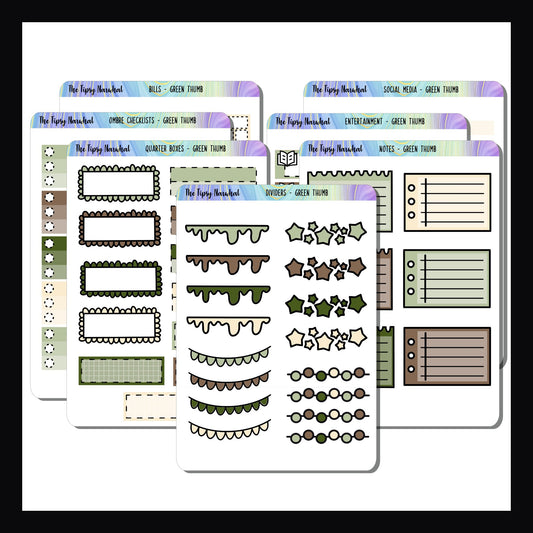 Green Thumb Kit Matching Functionals is a collection of 7 quarter sized sticker sheets filled with various functional stickers.  All colors selected to coordinate with the Green Thumb Weekly kits. 