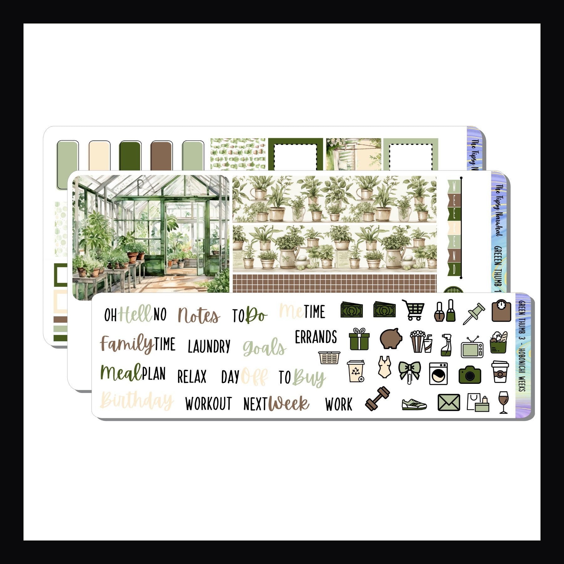 Green Thumb Hobonichi Weeks Kit is a sticker kit designed to fit the Hobonichi Weeks planner and other similarly sized planner systems. It features a tranquil gardening theme with a color palette full of greens, browns and creams. 