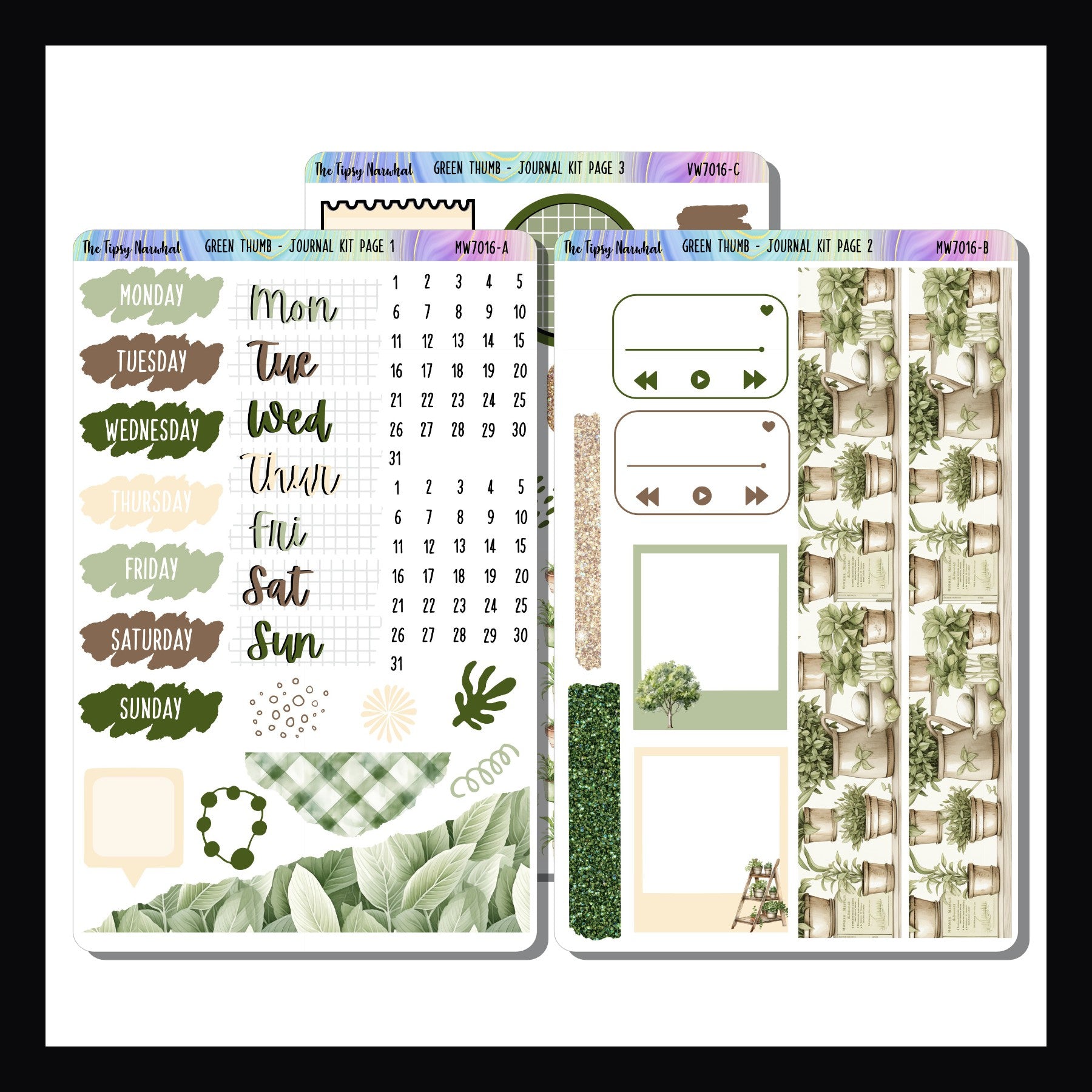 Green Thumb Journal Kit is a 3 page sticker kit focused heavily on decorative elements for journaling layouts. The kit features a gardening theme done in a color palette of greens, cream and brown.