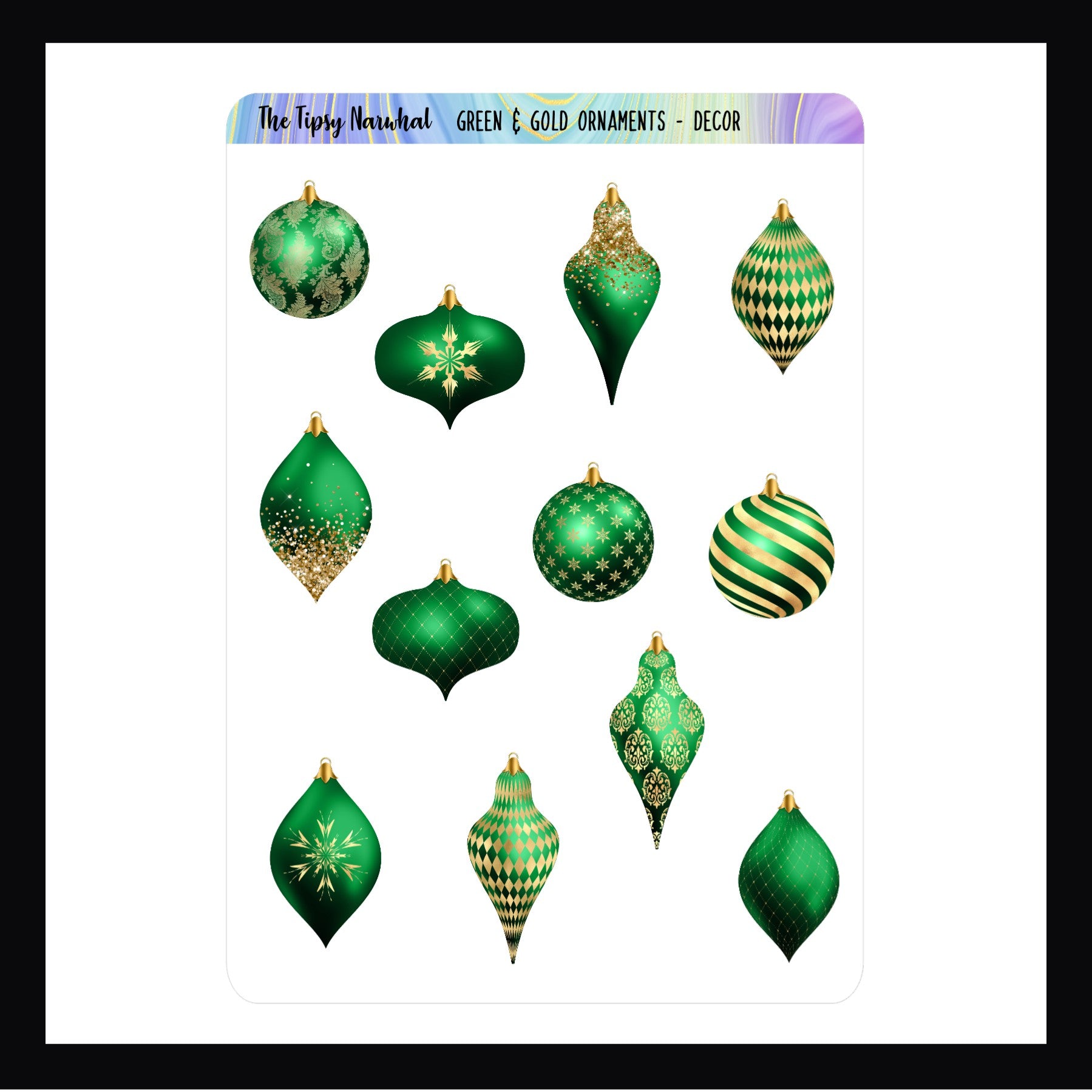 Green & Gold Ornaments Decor Sheet features 12 green & gold ornament stickers in various shapes and patterns.  Stickers are shown on a white background.