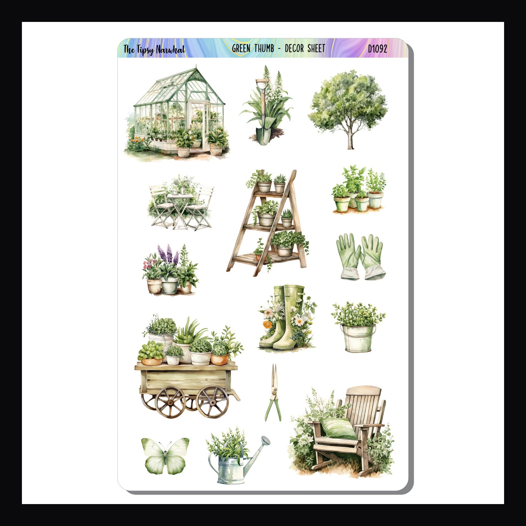 Green Thumb Decor Sheet is a full sized sticker sheet featuring a selection of gardening inspired stickers.  Coordinates with the Green Thumb Weekly Kits.  Sticker sizes vary dependent on design. 