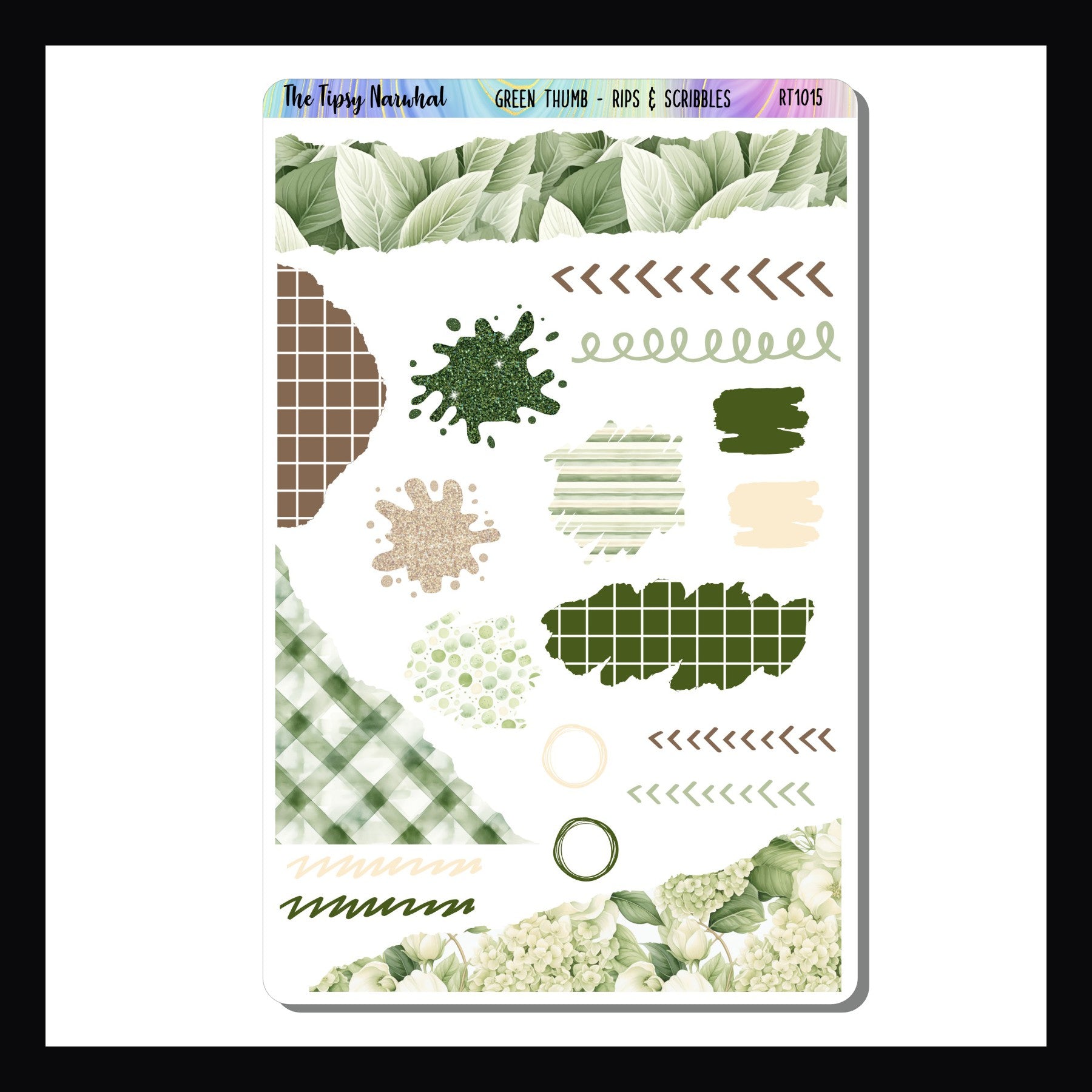 Green Thumb Rips & Scribbles Sheet is a full sized sticker sheet.  Stickers featured include splatters, scribbles, and stickers with a ripped appearance.  Colors and patterns coordinate with the Green Thumb Weekly kits. 