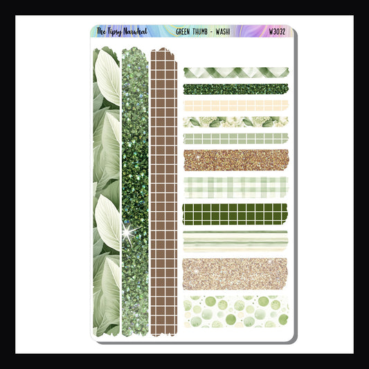 The Green Thumb Washi sheet is a full sized sticker sheet featuring 14 strips of washi stickers of various sizes. Each strip coordinates perfectly with the Green Thumb weekly kits. 