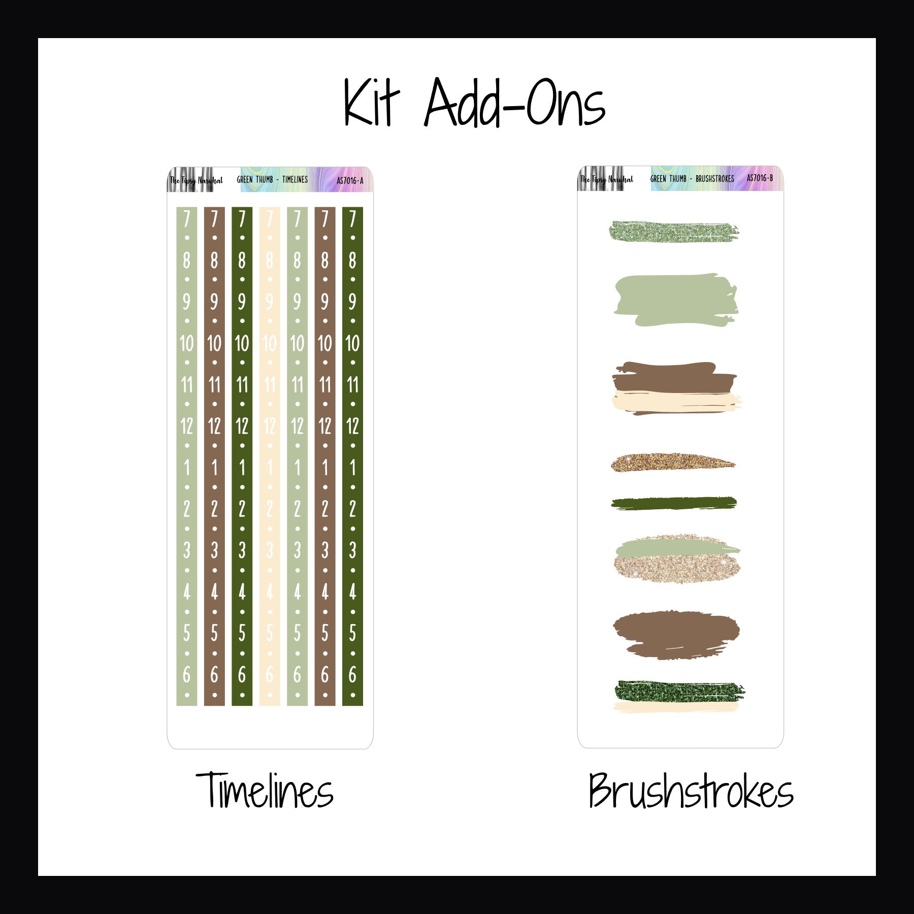 The Timeline and Brushstroke kit add-ons are available in coordinating color palettes.  Timelines turn any vertical space into an hourly planner while the brushstrokes add a bit of color to any layout.