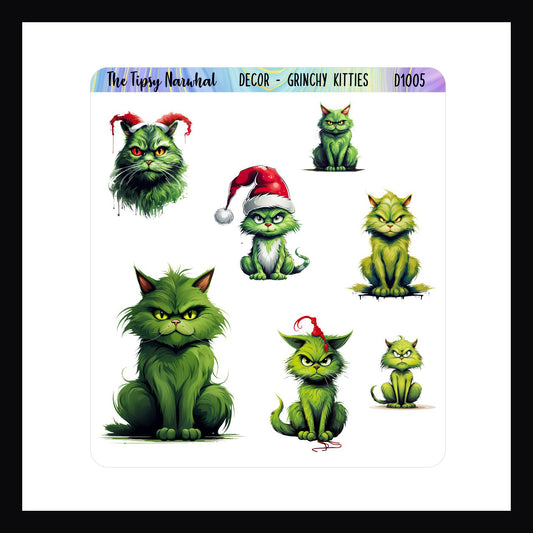Grinch Kitties Sticker Sheet, Grinch characters, Cats, Kittens, Green, Red, Santa Hats, Cats as Grinch, Green Cats, Yellow Eyes, Funny Stickers, Silly Stickers, Christmas Stickers, Holiday Stickers, Character Stickers