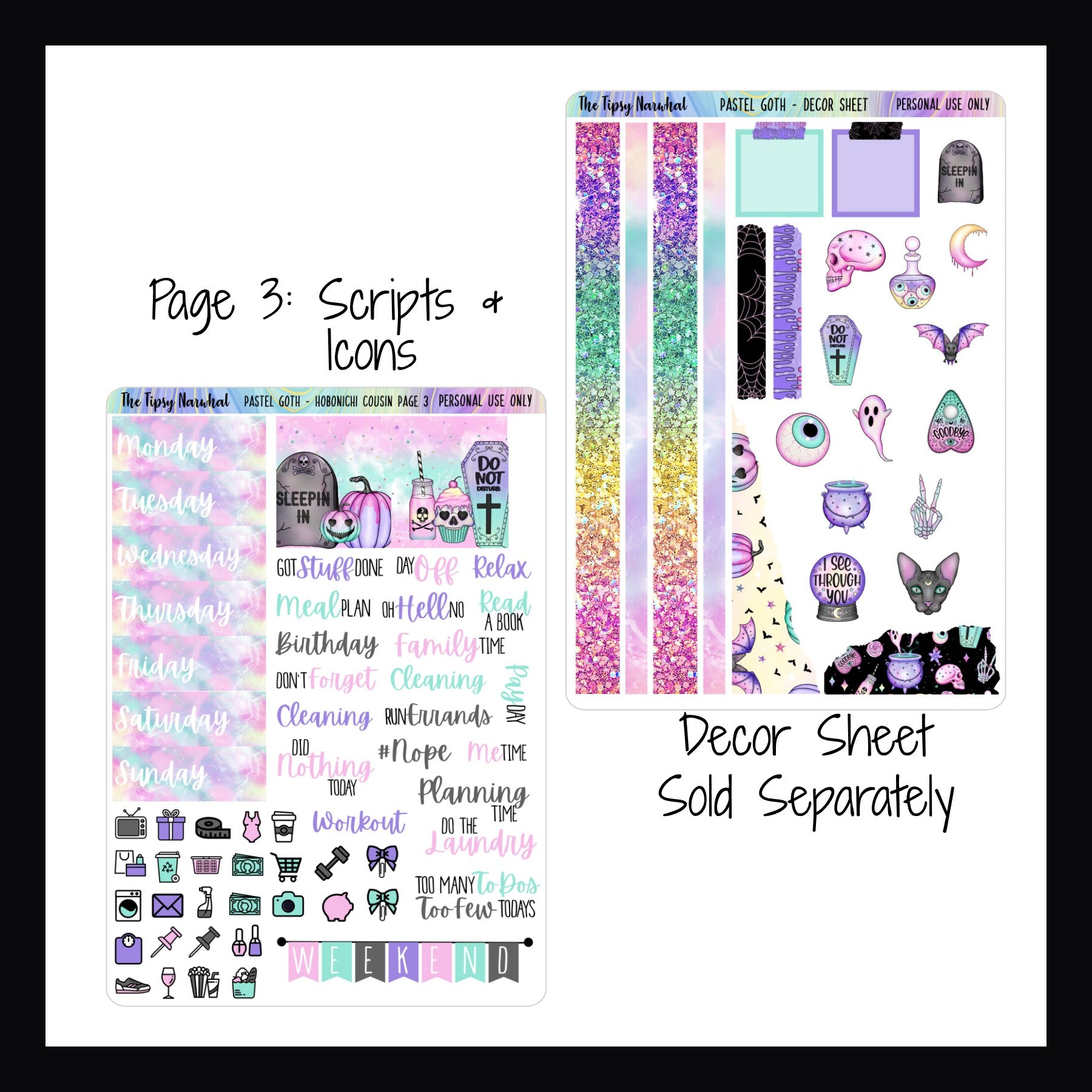 Digital Pastel Goth Hobonichi Cousin Kit page 3 features additional date covers, full box stickers, script stickers, daily icons and a weekend banner sticker.  There is a matching decor sheet available separately.