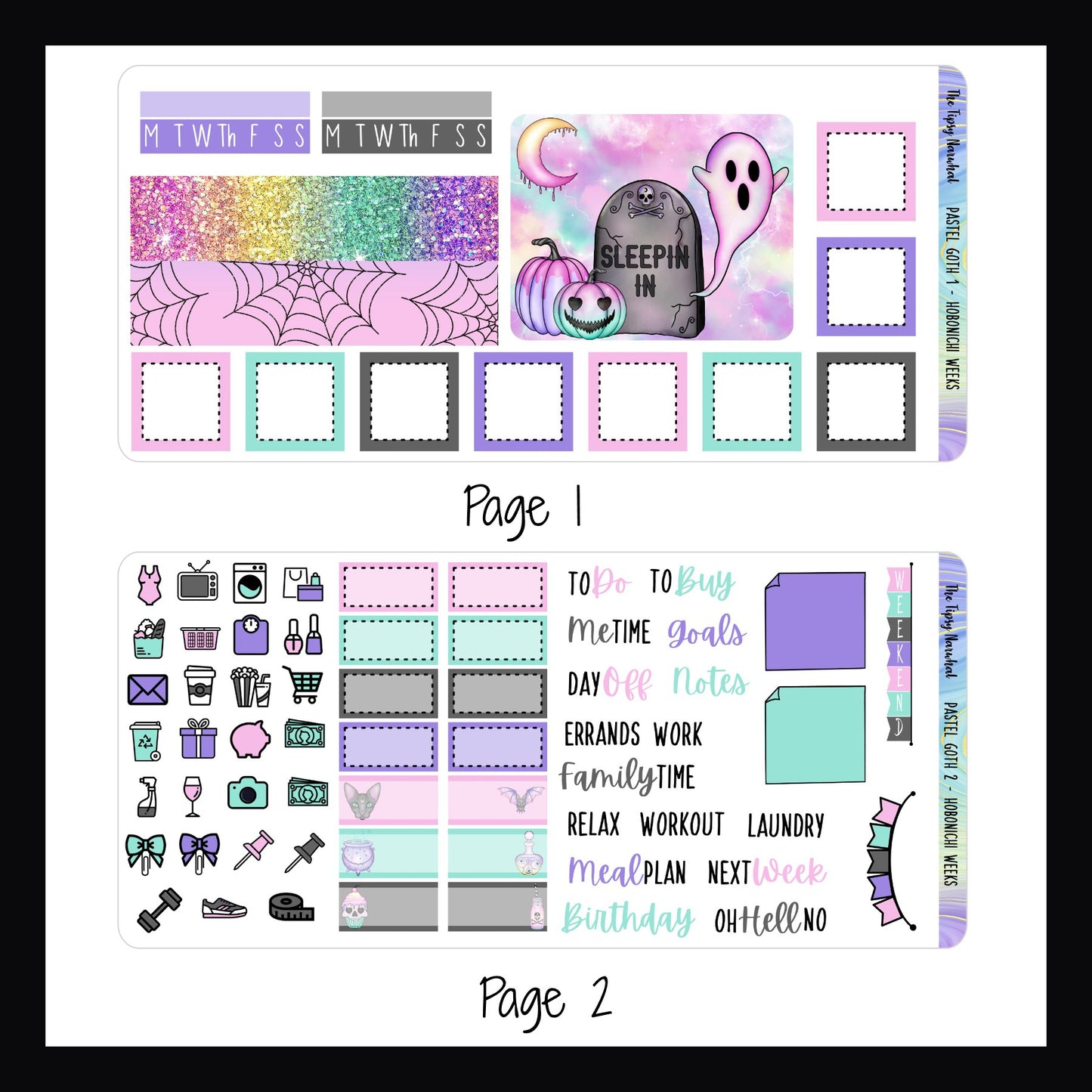 Digital Pastel Goth Hobonichi Weeks Kits pages 1 and 2.  Page 1 features washi strips, a large decorative sticker, box stickers and habit trackers.  Page 2 features appointment stickers, icons, scripts, a weekend banner and sticky note stickers.