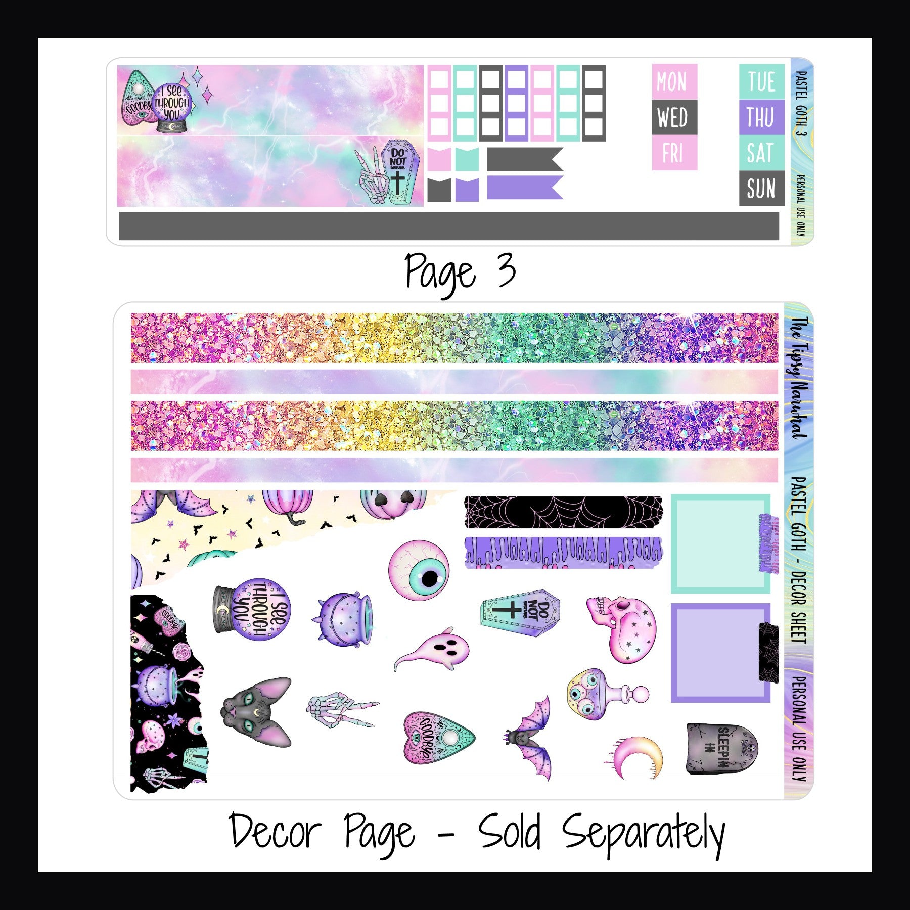 Digital Pastel Goth Hobonici Weeks Kit page 3 features washi strips, date covers, and checklists stickers.  A matching decor sheet is available separately.