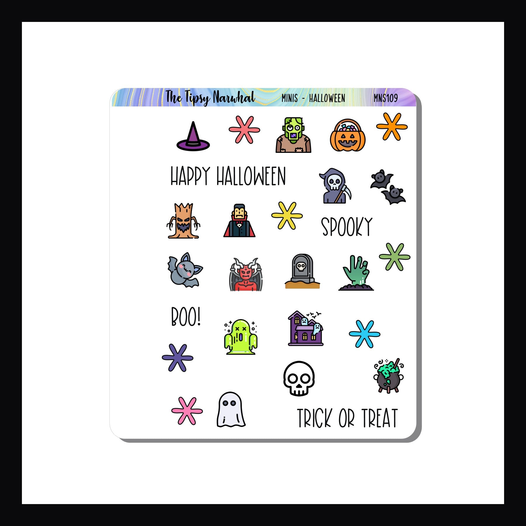 Mini Icon Sheets Halloween is a 3.5 x 4" sticker sheet featuring  small Halloween icon stickers.  Perfect for small format planners, wall calendars, monthly layouts and more.