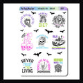 Halloween Fun Sarcasm & Quotes Sticker sheet is a 3.5 x 5 inch sticker sheet featuring 9 witty quotes about the Halloween Season.  Color palette is black, pink, green, blue and purple. 
