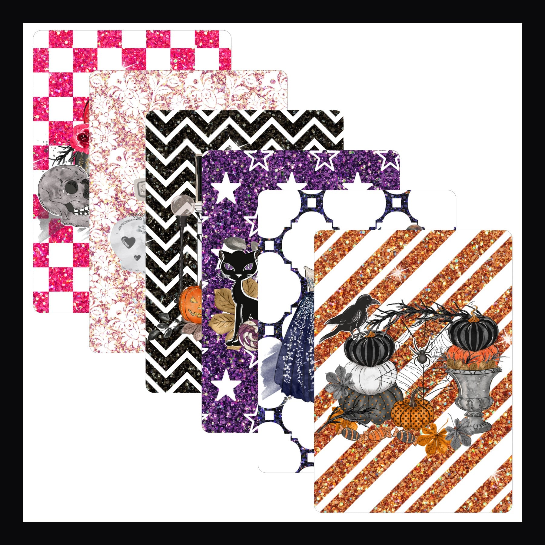 Halloween Glitter Kindle Inserts. Collection of 6 inserts shown on white background. 
