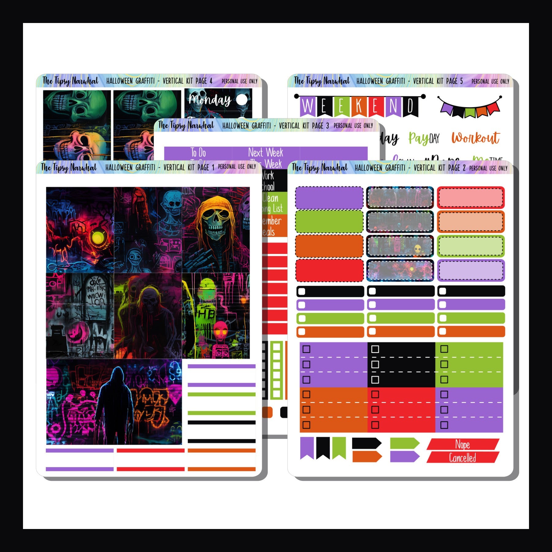 Halloween Graffiti Vertical Weekly Kit, 5 Pages, Halloween Stickers, Graffiti Art Style, Graffiti Stickers, Spooky Stickers, Scary Stickers, Horror Stickers, Orange, Red, Purple, Green, Black Full Kit, Skull Stickers, 