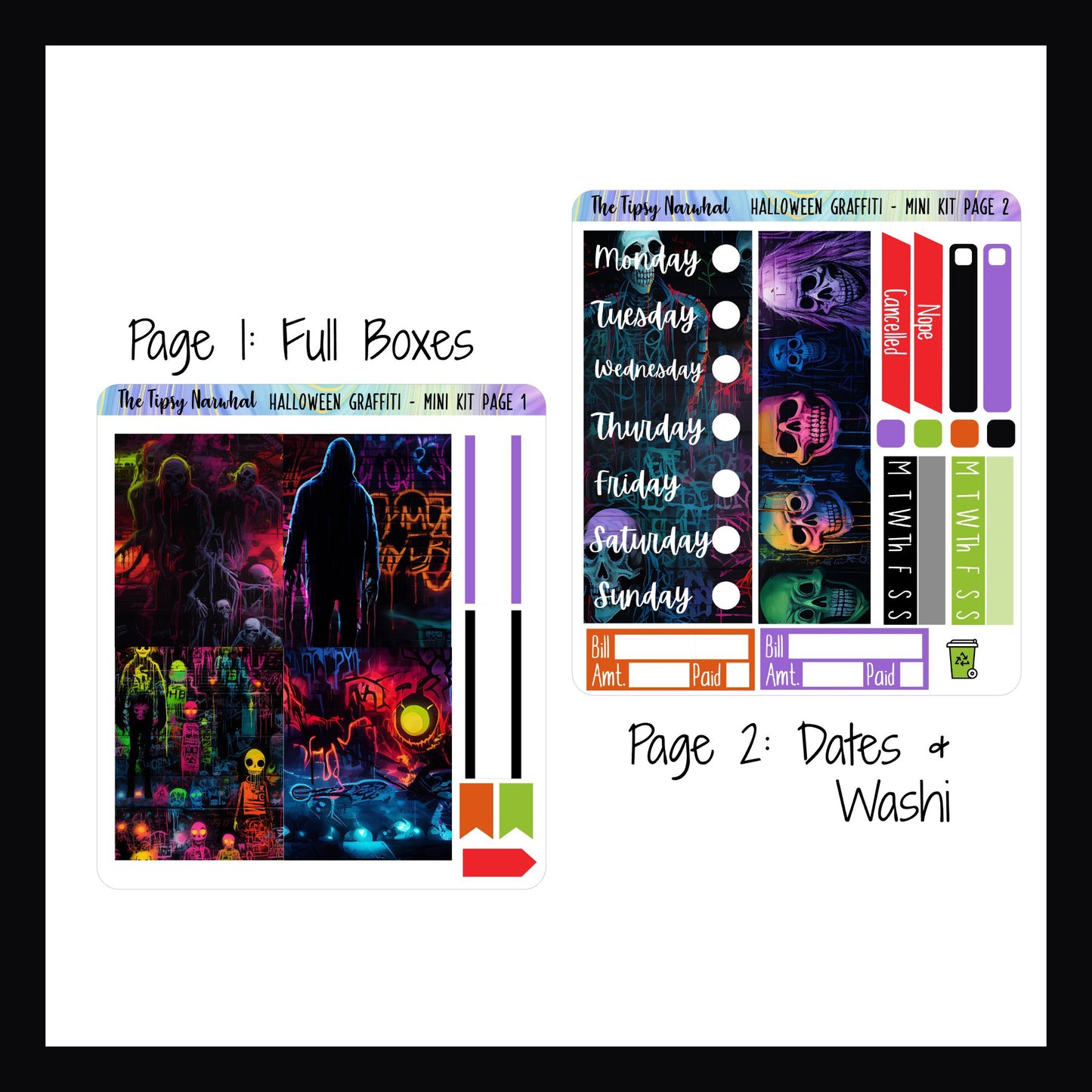 Halloween Graffiti Mini Vertical Kit Pages 1 and 2, Washi Stickers, Date Covers, Habit Trackers, Full Box Decor, Skinny stickers, Bill Tracking, Flag stickers, Skull stickers, Graffiti Art Style, Halloween Stickers, Scary Sticker, Spooky Stickers, Bright Colors, 