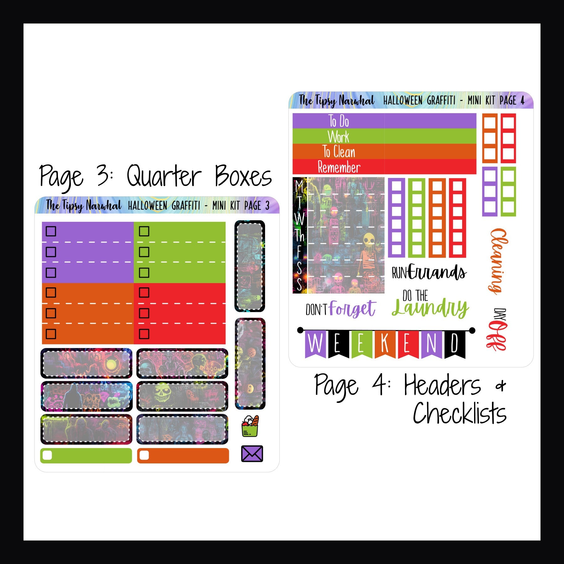 Halloween Graffiti Mini Vertical Kit Pages 3 and 4, Checklist Stickers, Header Stickers, Weekly Stickers, Quarter Box Stickers, Weekend Banner, Script Stickers, Halloween Stickers, Scary Stickers, Spooky Stickers, 