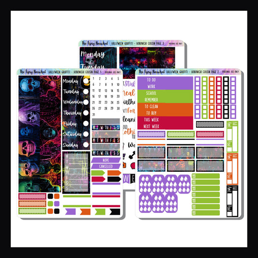 Halloween Graffiti Hobonichi Cousin Kit, Hobonichi Cousin Stickers, Daily Hobonichi Cousin Stickers, Weekly Hobonichi Cousin Stickers, Spooky Stickers, Scary Stikckers, Graffiti Style Art, Bright Colors, Dark background, purple, green, orange , red, Skull themed stickers