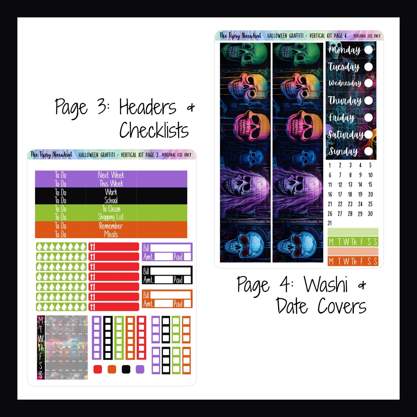 halloween graffiti vertical weekly kit pages 3 and 4, washi sticker, date cover stickers, habit trackers, bill tracker, water tracker, meal tracker, checklist stickers, header stickers, weekly sticker, halloween sticker, horror sticker, skull stickers, spooky stickers, scary stickers, purple, black green, red, orange