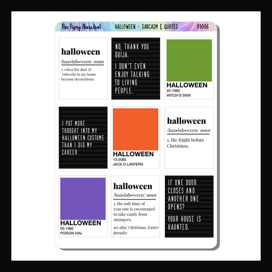 Halloween Sarcasm Sticker sheet, purple, black , orange, green, sarcastic stickers, funny stickers, humor, silly, letter board, funny definitions