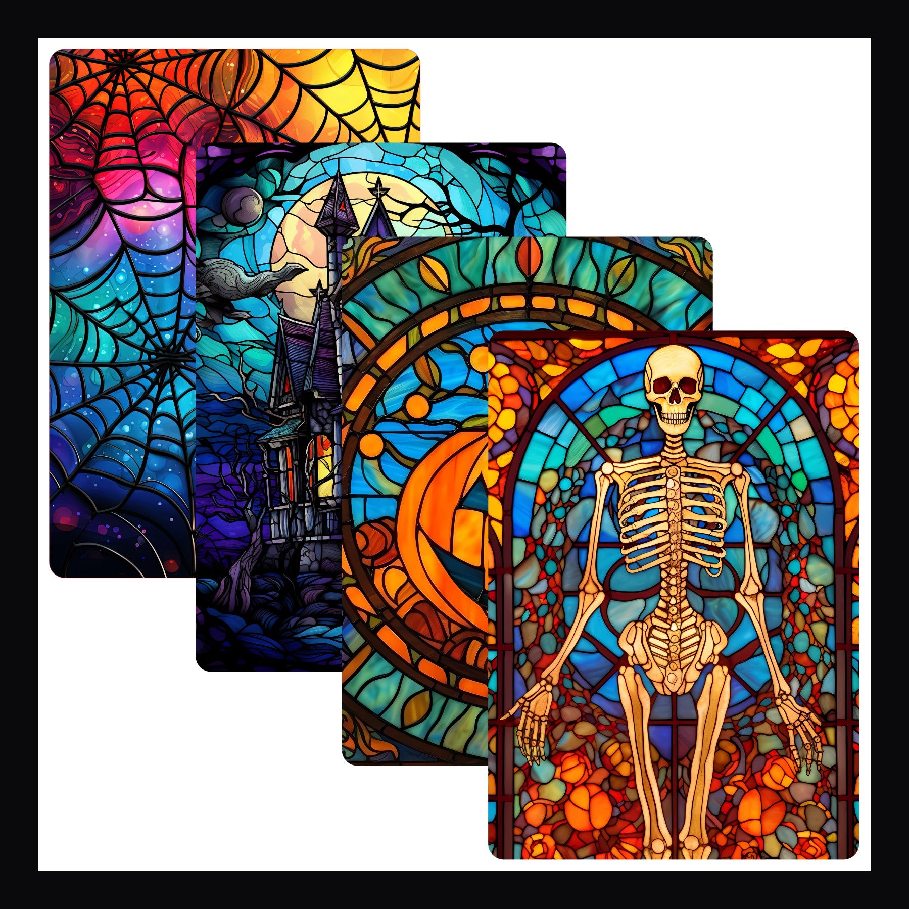 Stained Glass Halloween Kindle Inserts. A collection of 4 spooky inserts on a white background. 