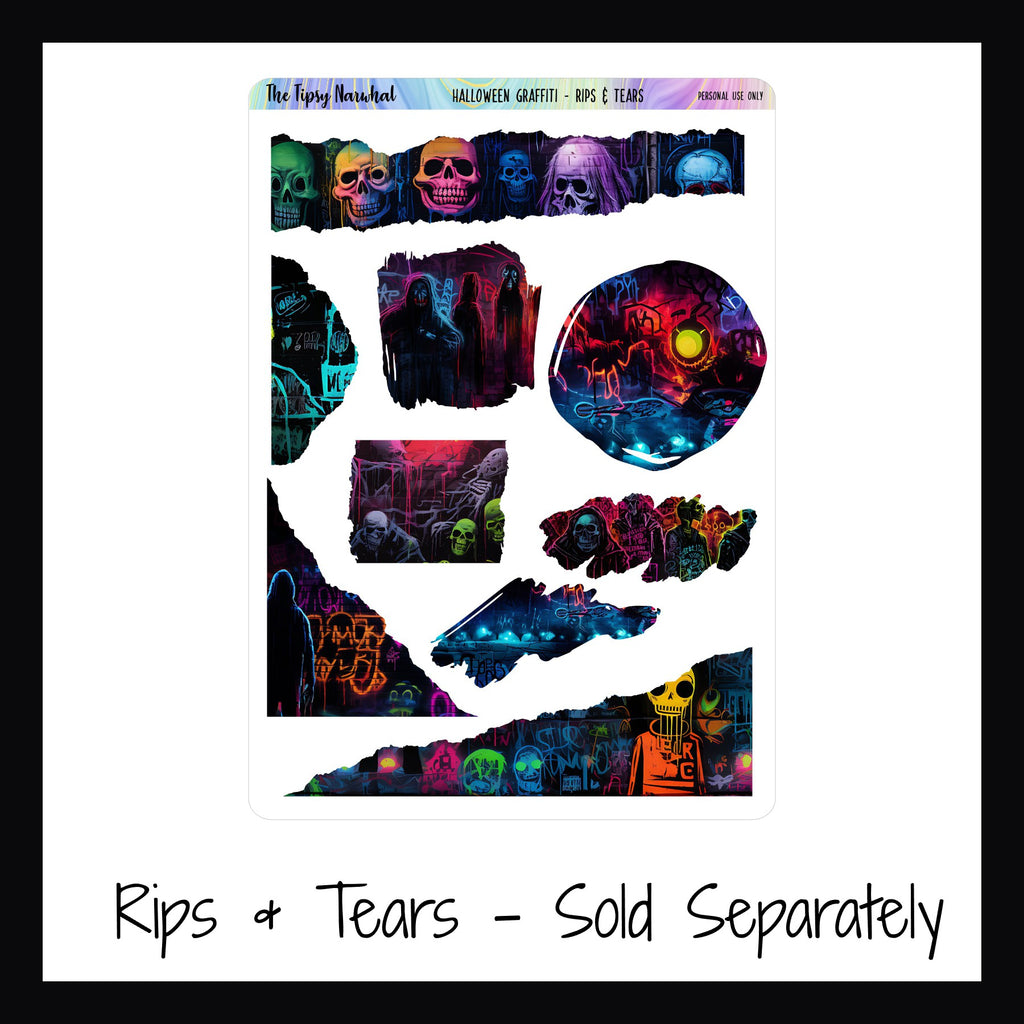 Halloween Graffiti, Rip and Tears Sheet, Torn Paper Stickers, Ripped Washi Stickers, Brushstrokes Stickers, Corner Stickers, Graffiti style art, Halloween themed stickers, Journal Elements