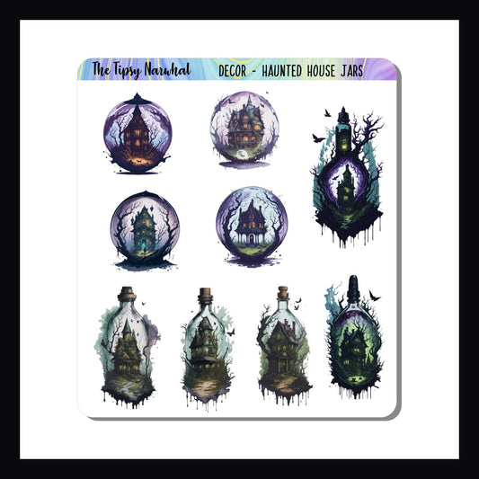 Haunted House Jars Sticker sheet, Haunted houses, trees, yards, bats, mason jars, glass jars, crystal balls, glass bottles, spooky stickers, scary stickers, horror stickers, halloween stickers