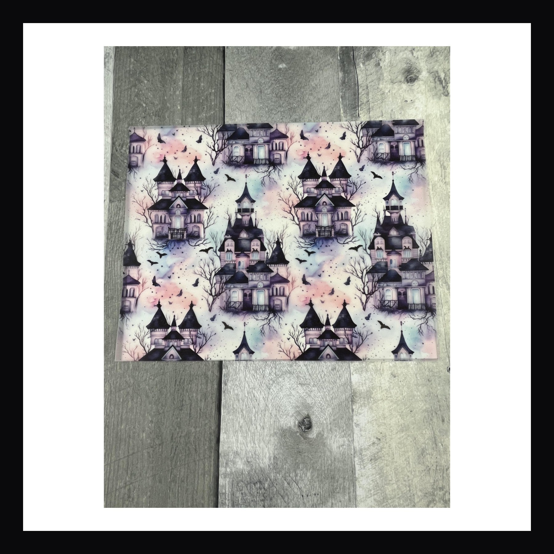 8x10 printed vellum, haunted house print, bats, trees, blue pink and black, spooky vellum, halloween vellum, goth vellum, pastel colors