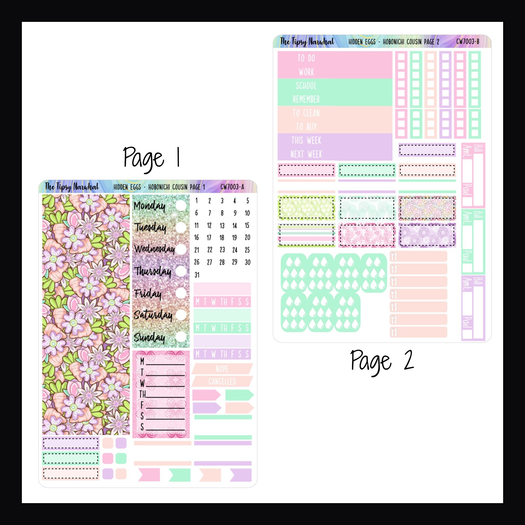 Hidden Eggs Hobonichi Cousin Kit Pages 1 and 2. Page 1 Features Date covers, Washi Strips, Habit Trackers, and weekly sticker.  Page 2 features headers, checklists, meal and hydration trackers, bill trackers and appointment stickers.