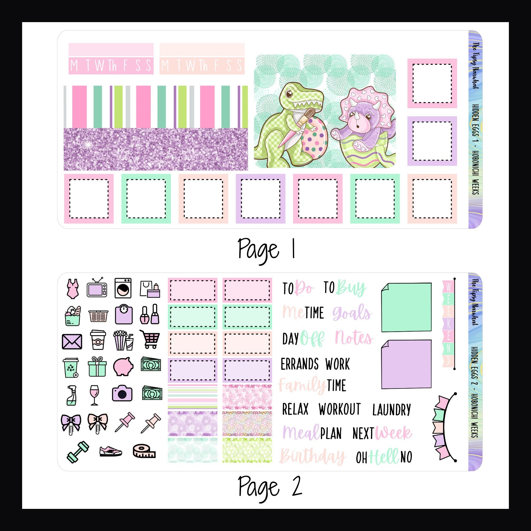 Hidden Eggs Hobonichi Weeks Kit Pages 1 and 2.  Page 1 features small washi strips, full decor box, and daily square boxes.   Page 2 features appointment stickers, script stickers, daily icons and weekend banner sticker.