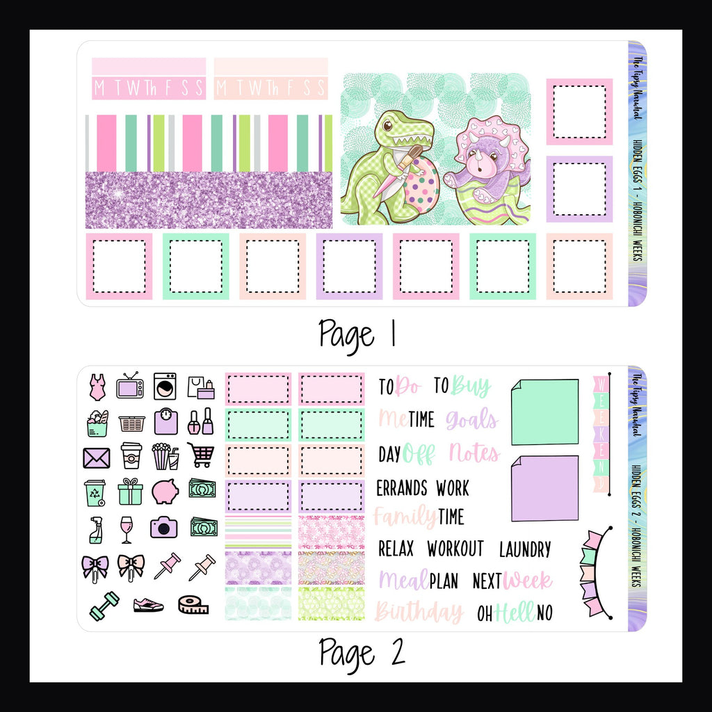Hidden Eggs Hobonichi Weeks Kit Pages 1 and 2.  Page 1 features small washi strips, full decor box, and daily square boxes.   Page 2 features appointment stickers, script stickers, daily icons and weekend banner sticker.