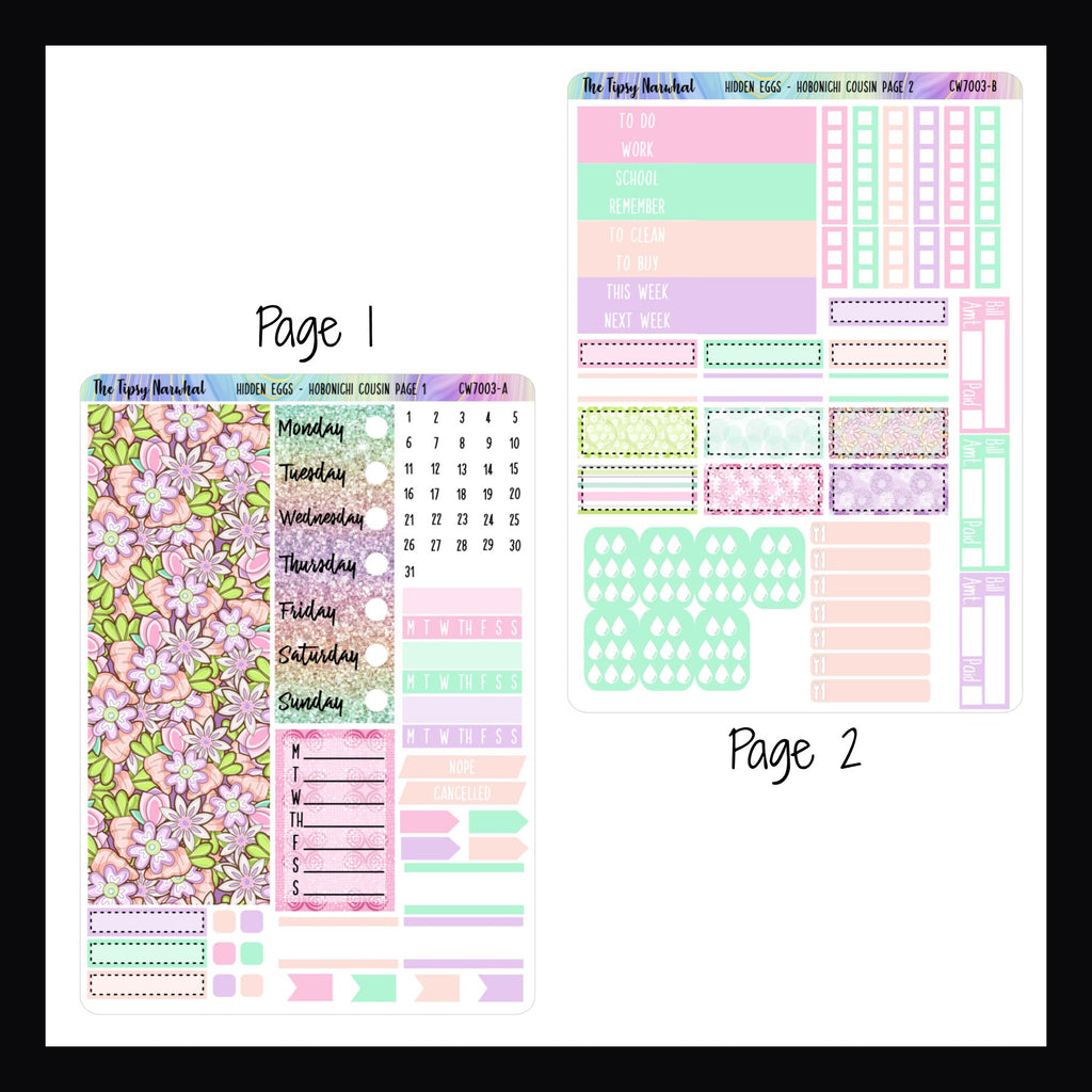 Digital Hidden Eggs Hobonichi Cousin Kit Pages 1 and 2.  Page 1 features washi strips, date covers, habit trackers, and weekly sticker.  Page 2 features headers, checklists, meal tracking, hydration tracking, bill tracking and appointment stickers. 