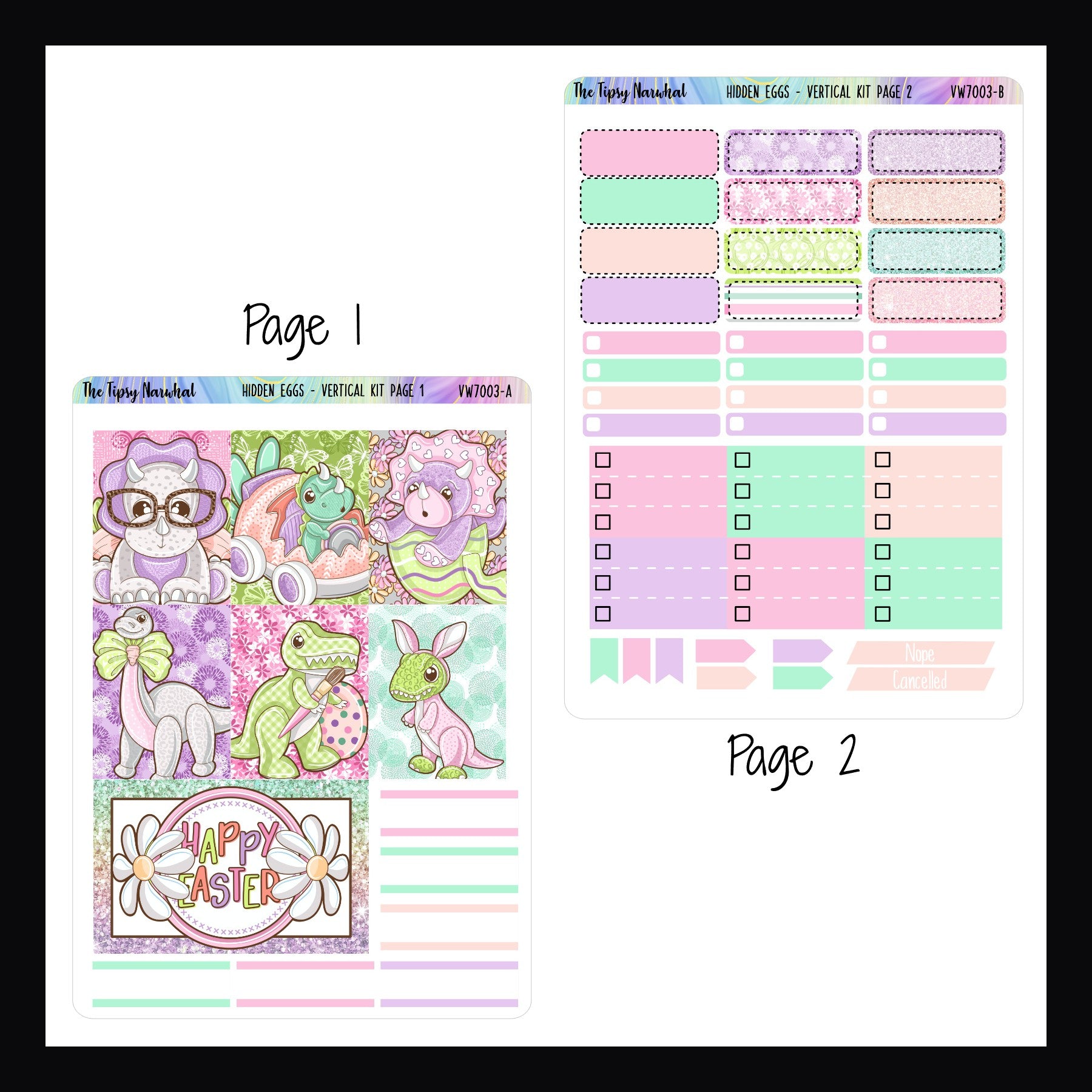 Digital Hidden Eggs Vertical Kit Pages 1 and 2. Page one features full box size decor stickers and some small appointment stickers. Page 2 features appointment stickers, skinny check box stickers, top 3 priority checklists and flag stickers.