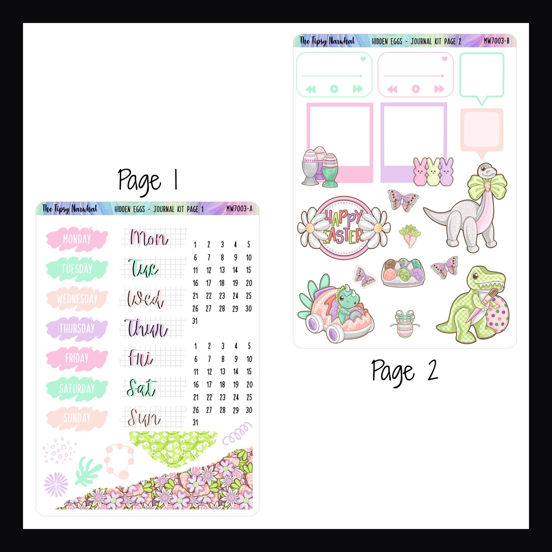 Hidden Eggs Journal Kit Pages 1 and 2.  Page 1 features date covers, scribble stickers and a pair of stickers with a ripped paper look.  Page 2 features decor focused stickers, playlist stickers and photo frame stickers.