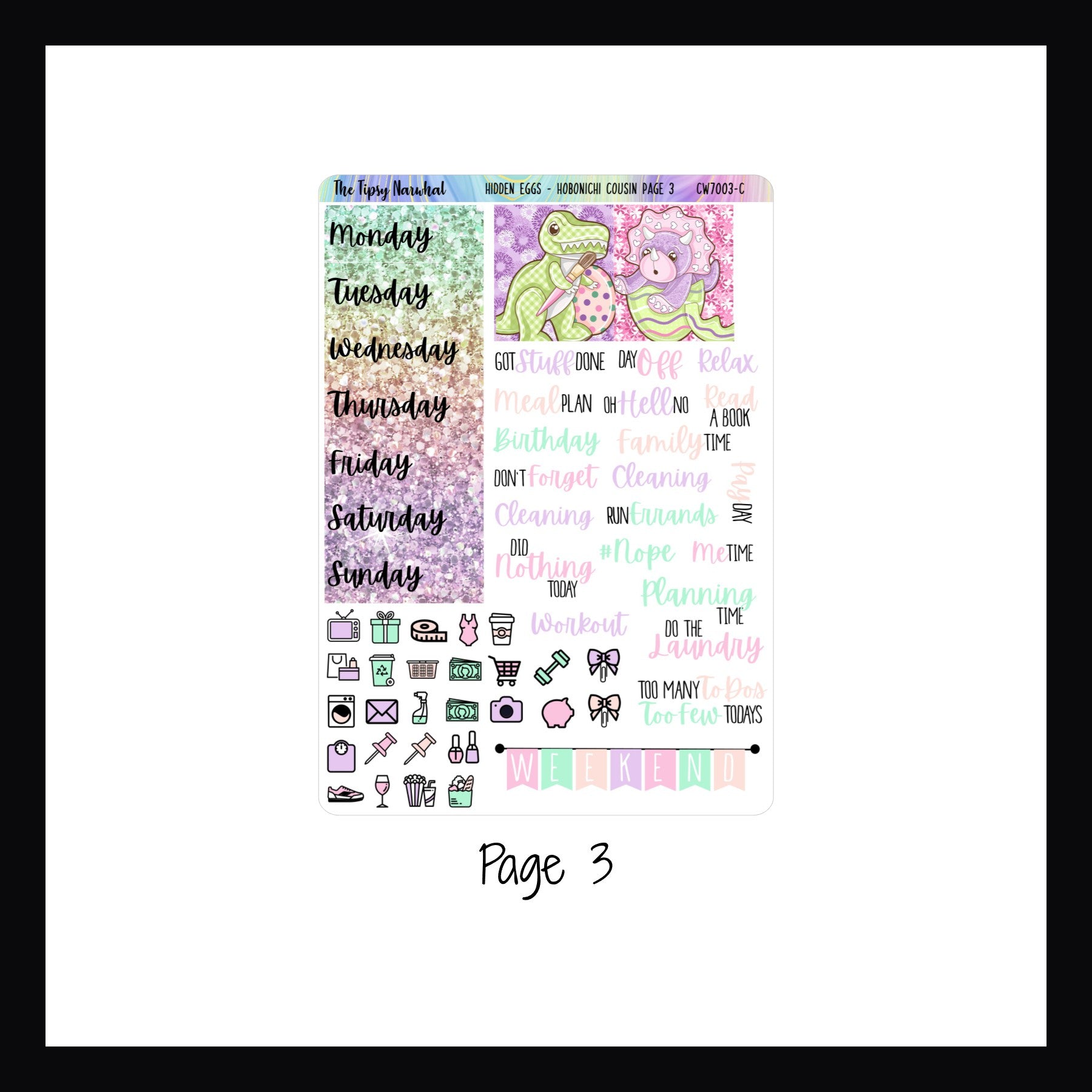 Hidden Eggs Hobonichi Cousin Kit Page 3.  Page 3 features additional date covers, full sized box decor, script stickers, weekend banner and daily icons. 