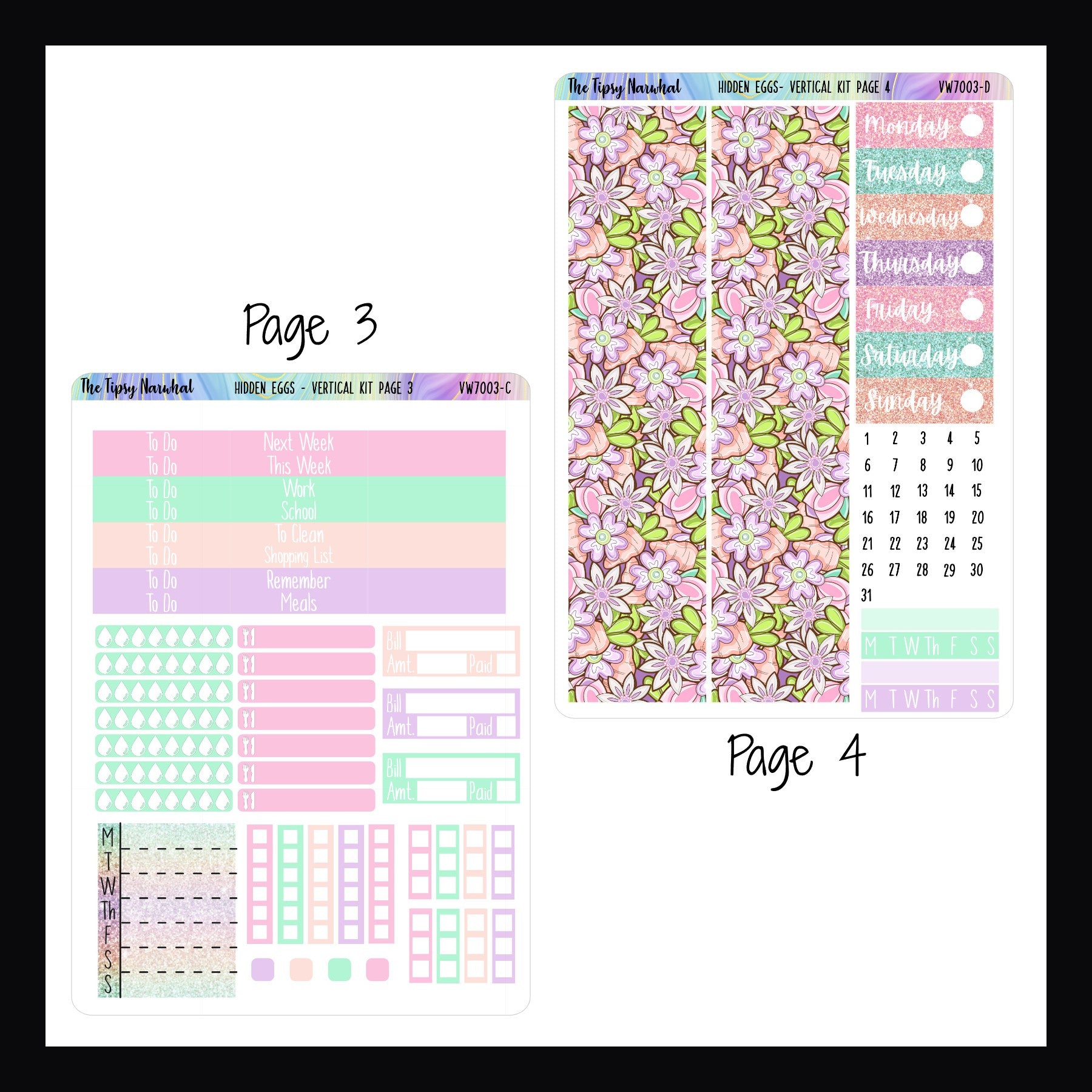 Hidden Eggs Vertical Kit Pages 3 and 4.  Page 3 features headers, checklists, a weekly sticker, hydration trackers, meal trackers and bill tracking stickers.  Page 4 features 2 large washi strips, date covers and habit tracking stickers.