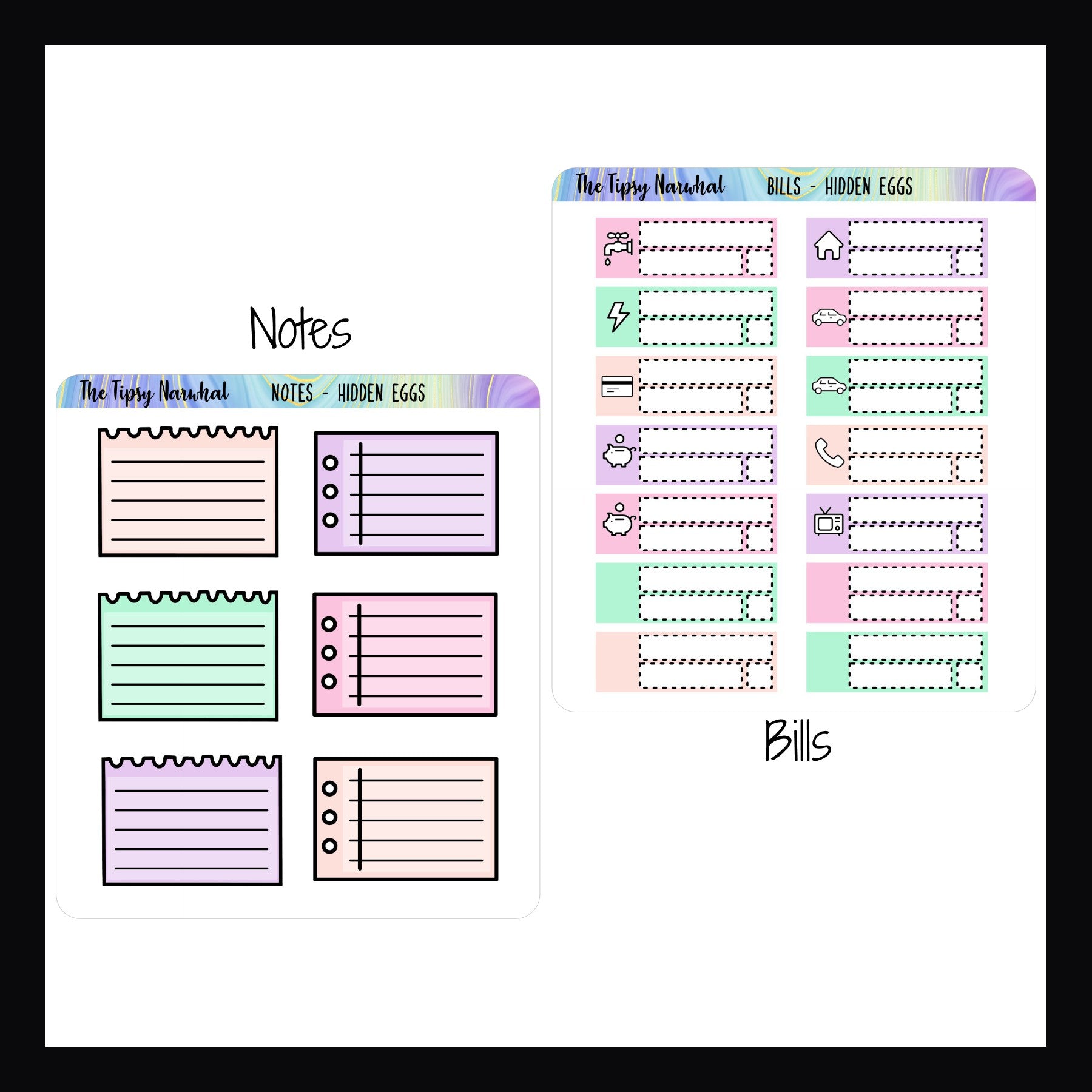Digital Hidden Eggs Functional sheets the notes sheet and the bill tracking sticker sheet