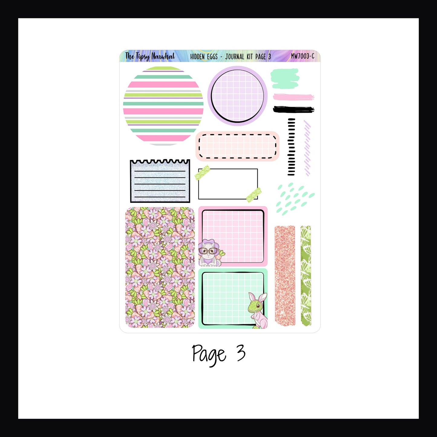 Hidden Eggs Journal Kit Page 3.  Page 3 features decorative and writable shape stickers, washi strips, and notes stickers. 