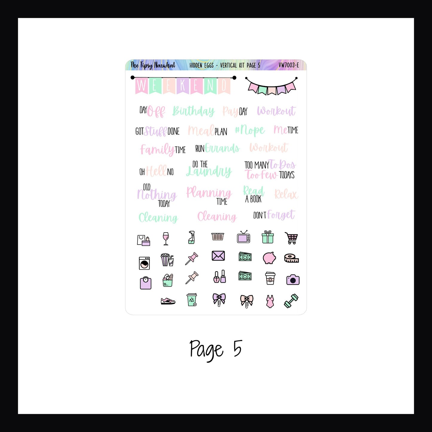 Hidden Eggs Vertical Kit Page 5 includes weekend banner, script stickers and daily icons.