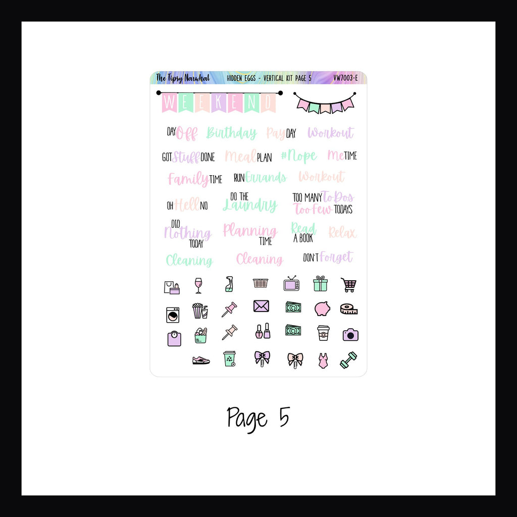 Digital Hidden Eggs Vertical Kit Page 5.  Page 5 features weekend banner, script stickers and daily icon stickers. 