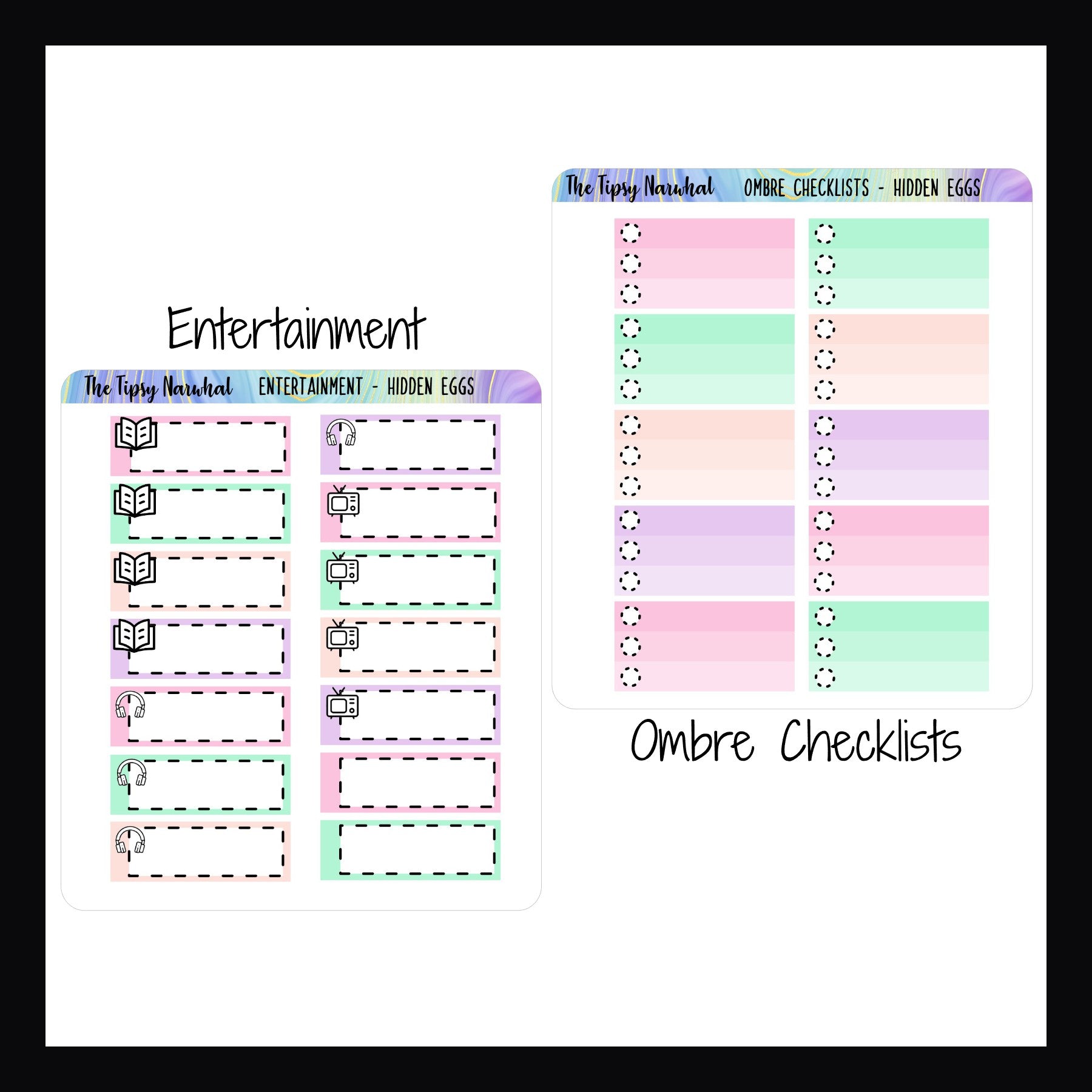Digital Hidden Eggs Functional add-ons the Entertainment sheet and the ombre checklist sheet