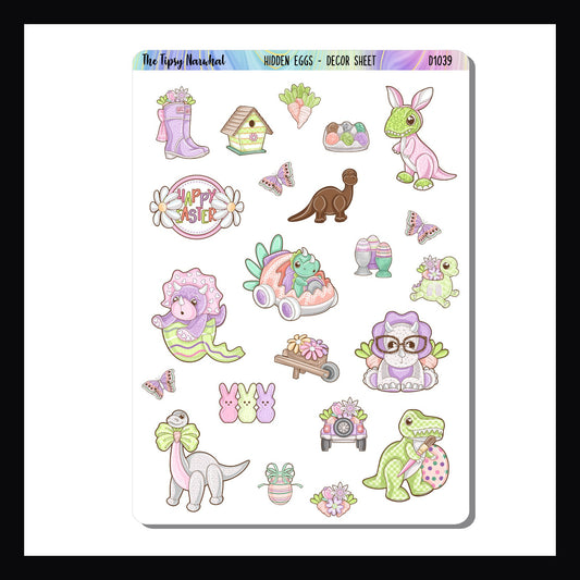 Hidden Eggs Decor Sheet features multiple dinosaurs celebrating the Easter holiday.  Also includes several spring themed stickers. 