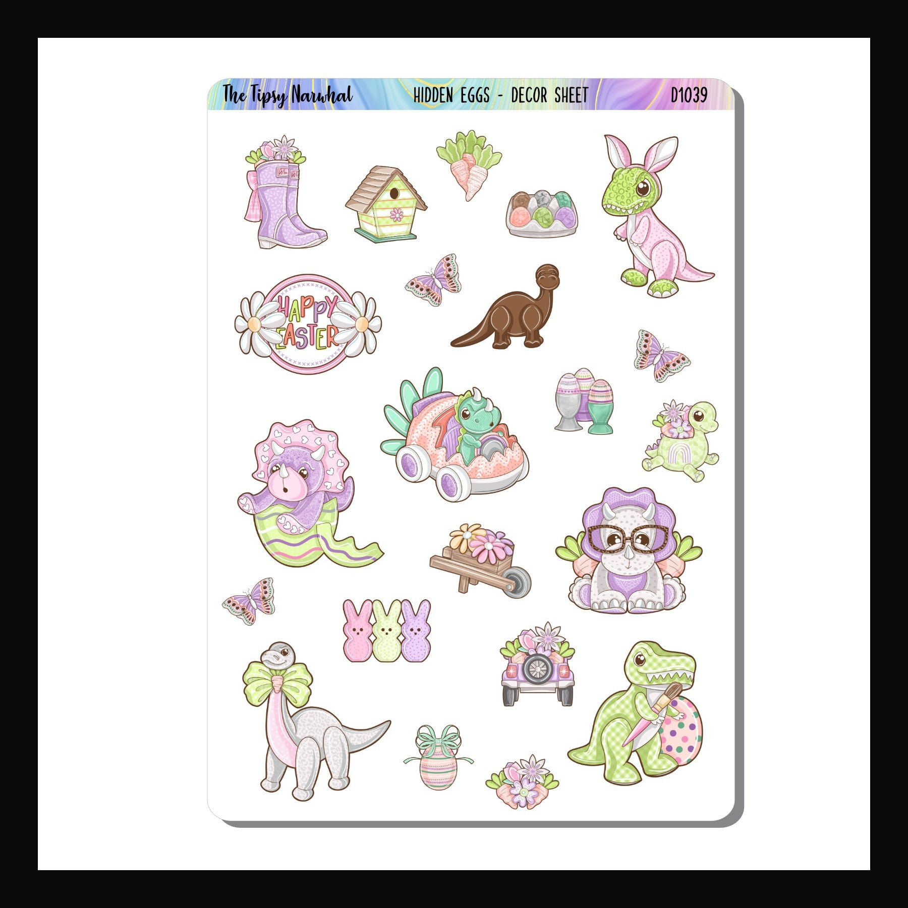 Hidden Eggs Vertical Kit - Decor Sheet Add-on.  The Decor sheet features multiple dinosaur themed Easter stickers, spring stickers such as butterflies and flowers, and a "happy easter" sticker. 