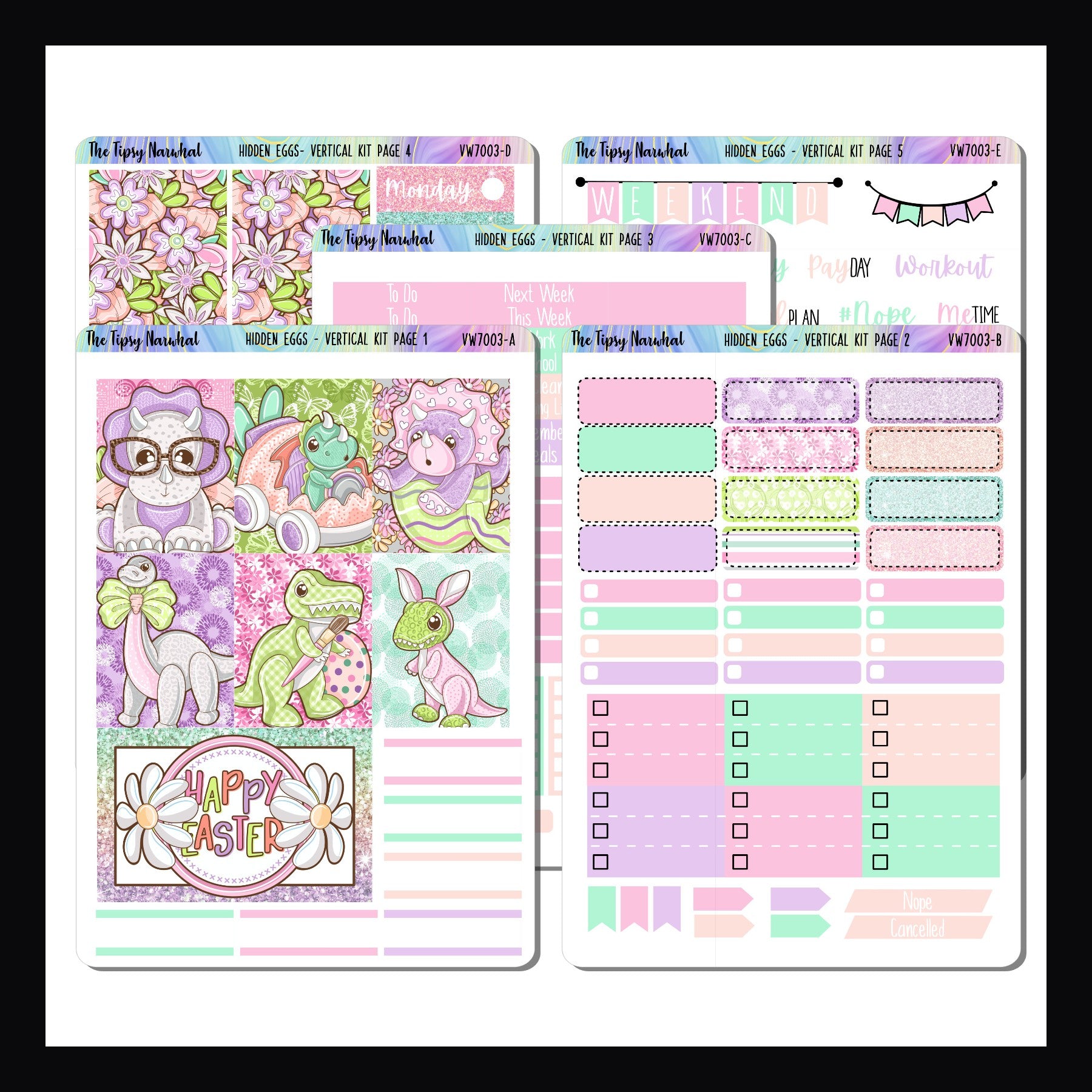 Hidden Eggs Vertical Kit.  5 page sticker kit featuring a whimsical dinosaur Easter theme.  Kit is designed to work best in vertical planners