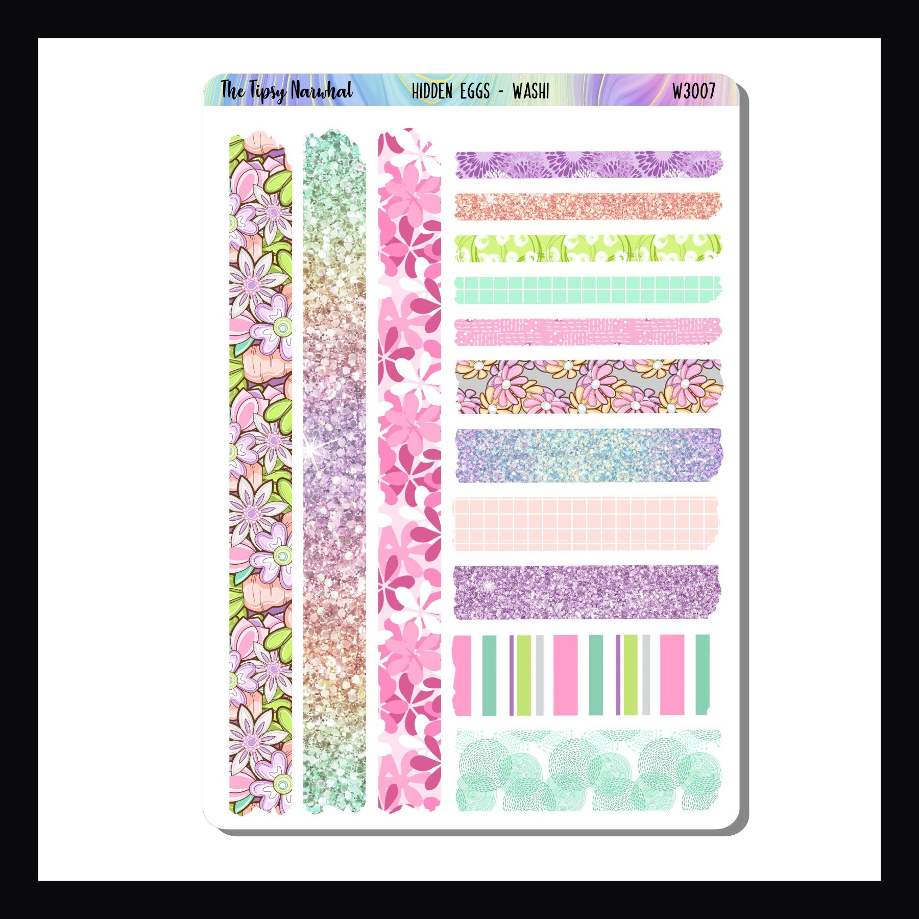 Hidden Eggs Washi Sheet features 14 strips varying sizes of washi stickers.  This selection of washi stickers matches the Hidden Eggs sticker kits. 