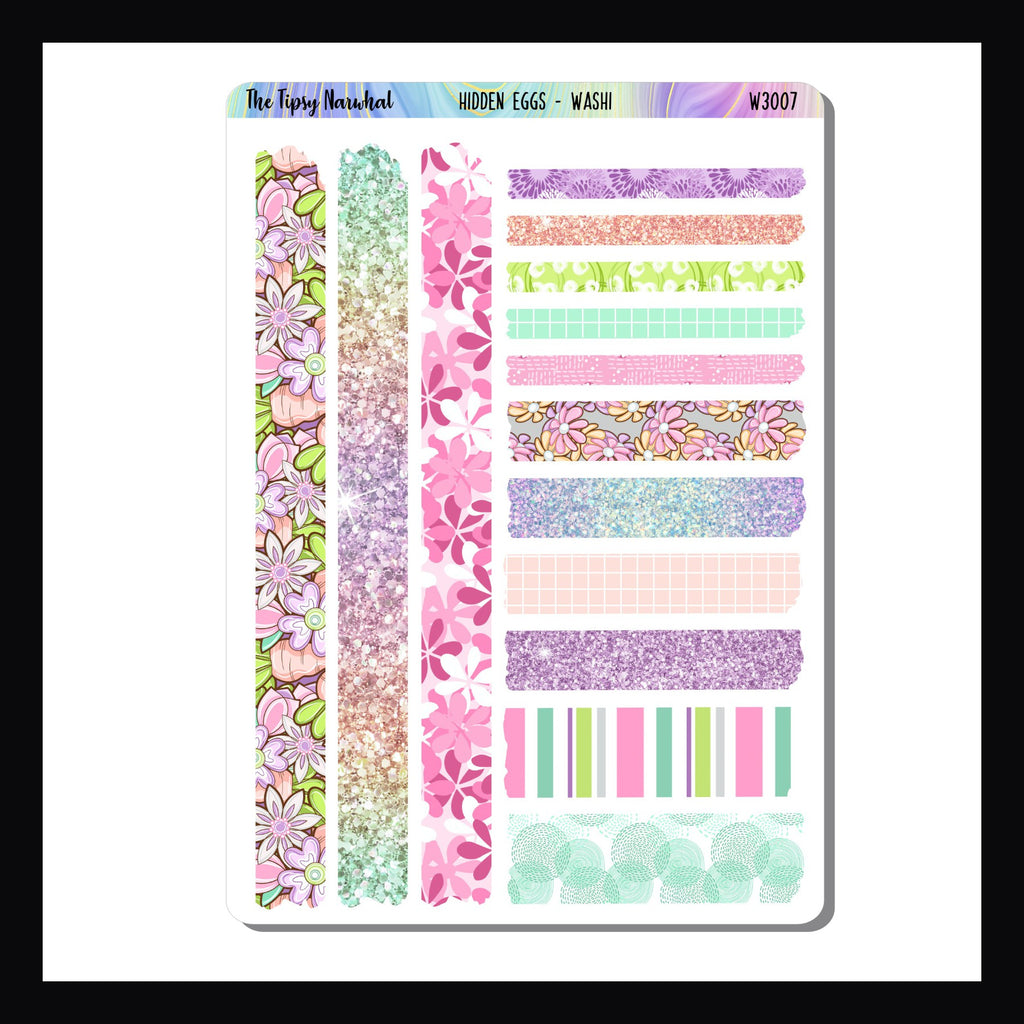 Hidden Eggs Hobonichi Weeks Washi sheet features multiple washi strips in various sizes.  All washi designs coordinate with the Hidden Eggs Kits.