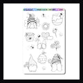 Honey Gnomes Huephoria Stickers is a 4.5 x 7 inch sticker sheet featuring a collection of gnomes and their honey producing friends.  These stickers are designed to be colored in using colored pencils, crayons, or markers creating a fully custom sticker collection perfect for use in planners, journals, and art projects. 