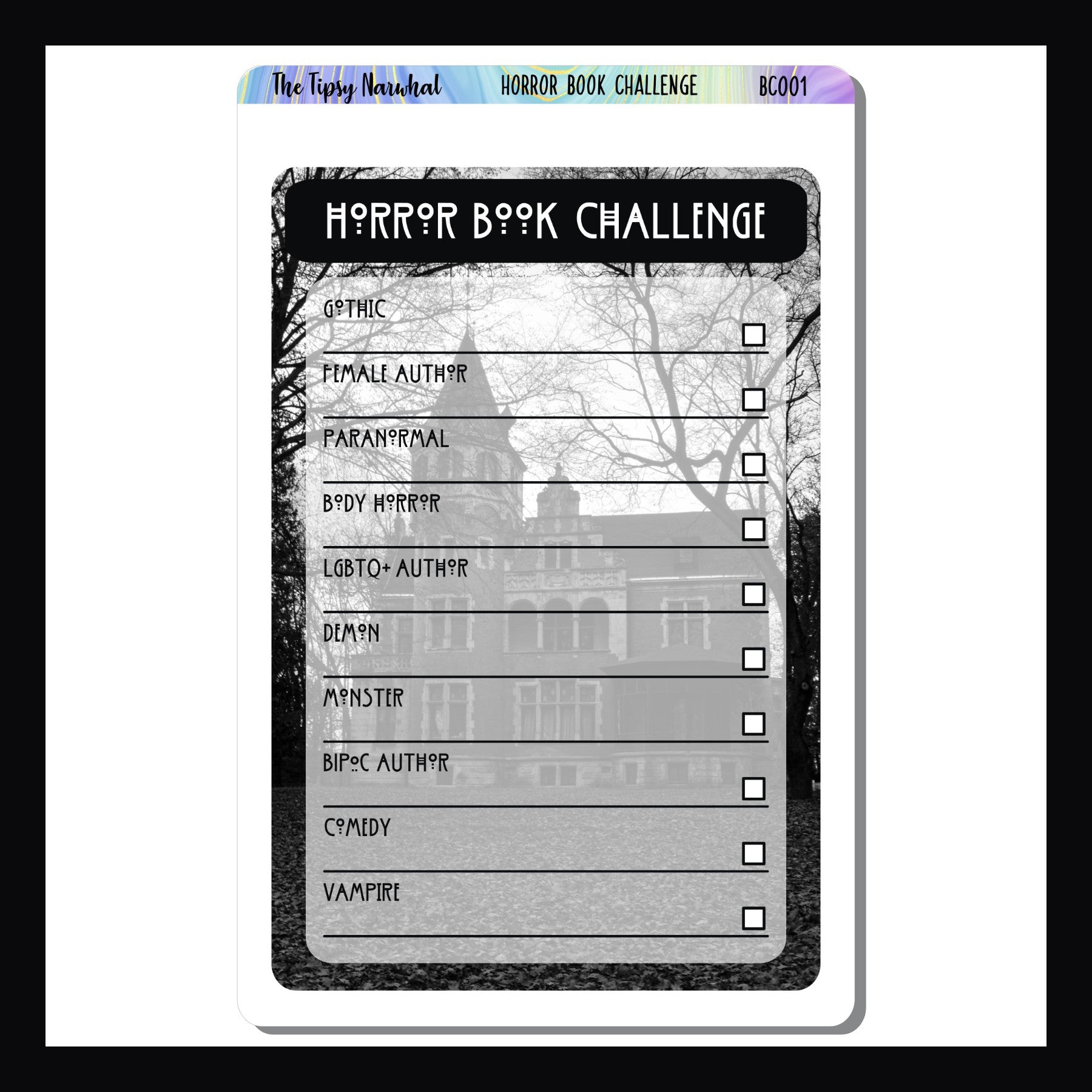 Horror Book Challenge Sticker, Book Tracking, Horror Genre, 4x6 Sticker, Reading Prompts