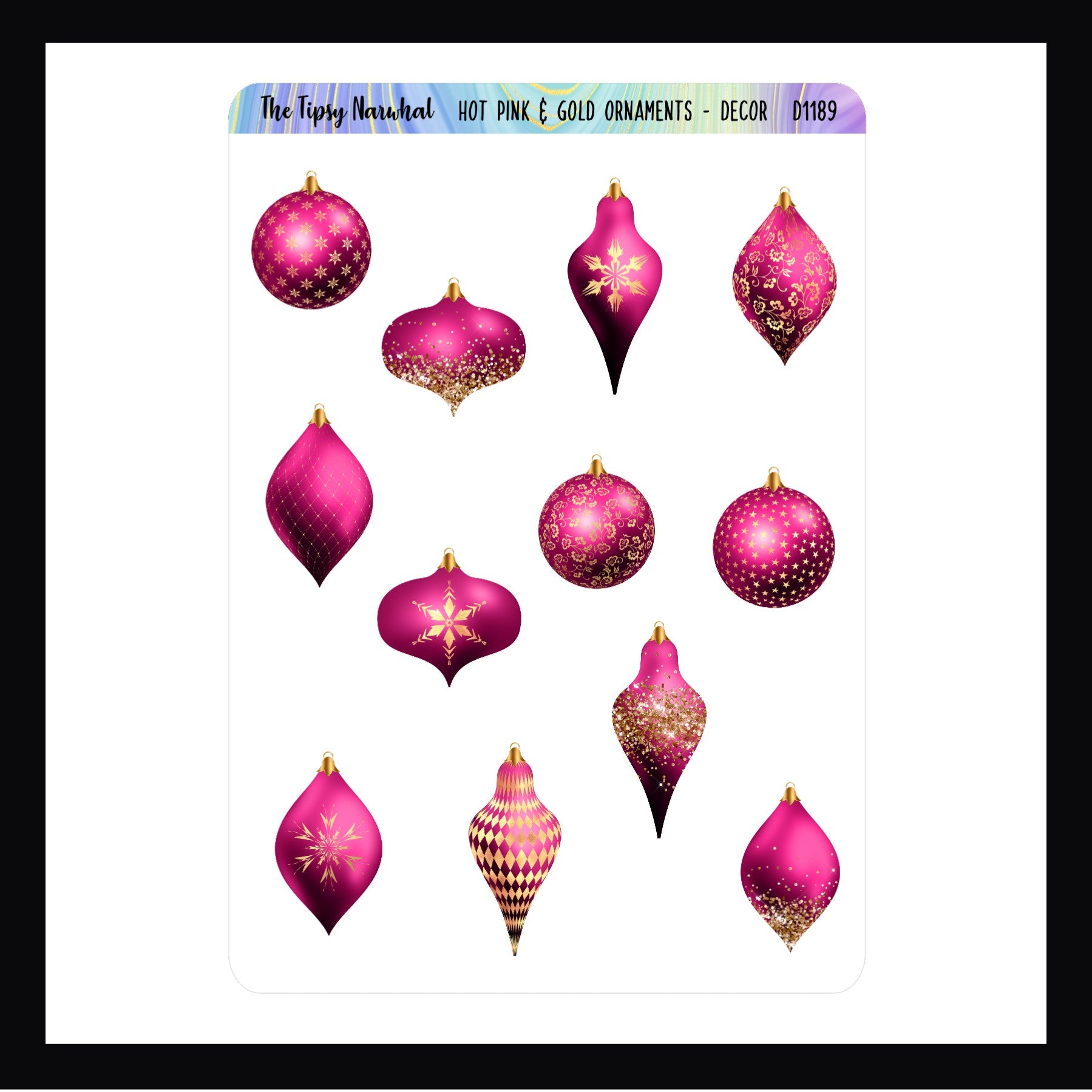 Hot Pink & Gold Ornaments Decor Sheet features 12 hot pink & gold ornament stickers in various shapes and patterns. Sticker sheet is shown on a white background.