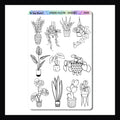 Houseplants Huephoria Stickers is a 4.5 x 7 inch sticker sheet featuring a collection of houseplant stickers.  These stickers are designed to be colored in using your favorite crayons, markers, or colored pencils to create a fully custom sticker sheet to be used in planners, journals, and art projects. 