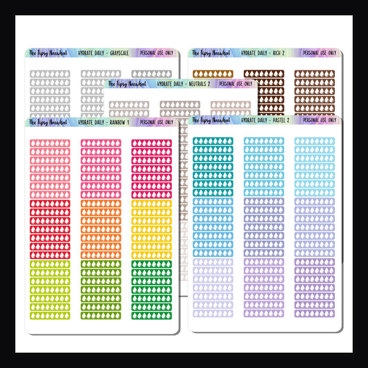 Daily Hydration Stickers, Water Tracking, Hydration Intake Tracking, Functional Stickers, Daily Stickers, Rainbow, Pastel, Rich, Neutral, Grayscale color palettes